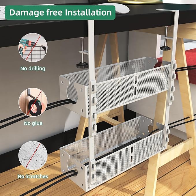 Multi-Model Under Desk Cable Management 2 Pack Metal Under Desk Wire Management Tray Clamp Mount Under Table Cord Management No Damage The Desk White