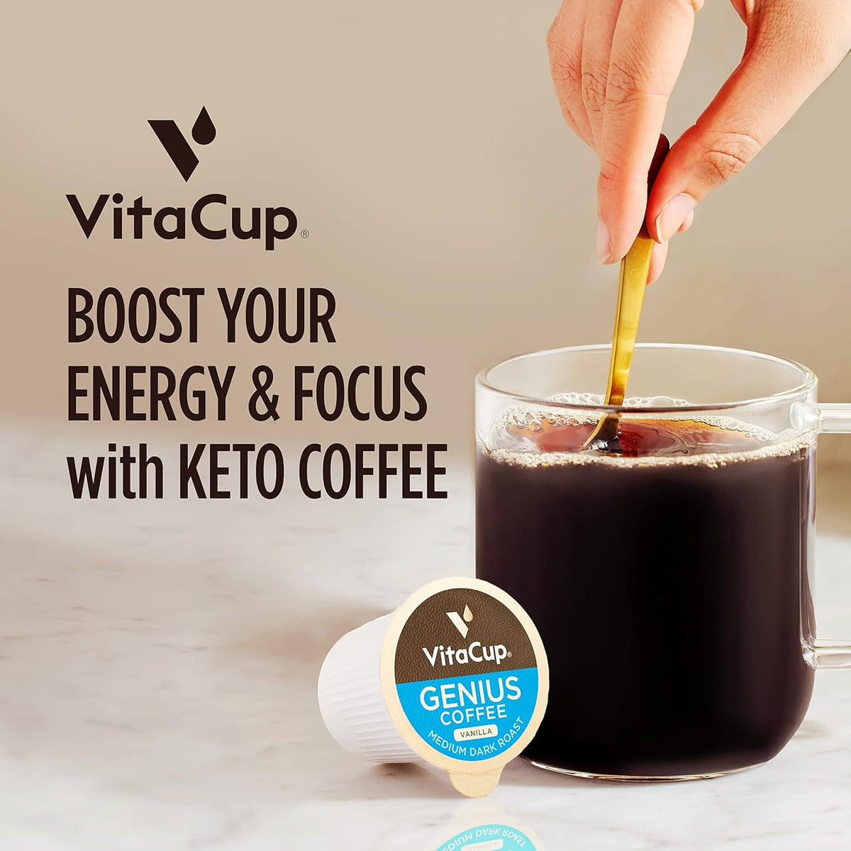 Genius Vanilla Keto Coffee Pods by VitaCup w/MCT Oil, Turmeric, B Vitamins, & D3 for Energy & Focus in Recyclable Single Serve Pod Compatible with K-Cup Brewers Including Keurig 2.0, 32 CT