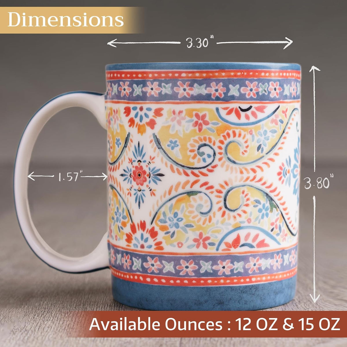Maison d' Hermine Coffee Mug with Handles Fine Bone China Mugs Pack of One Tea Cups for Hot Beverages Cappuccino Latte Home Restaurant Office Perfect for Gift (Indian Floral - Butta, 15 Ounce)