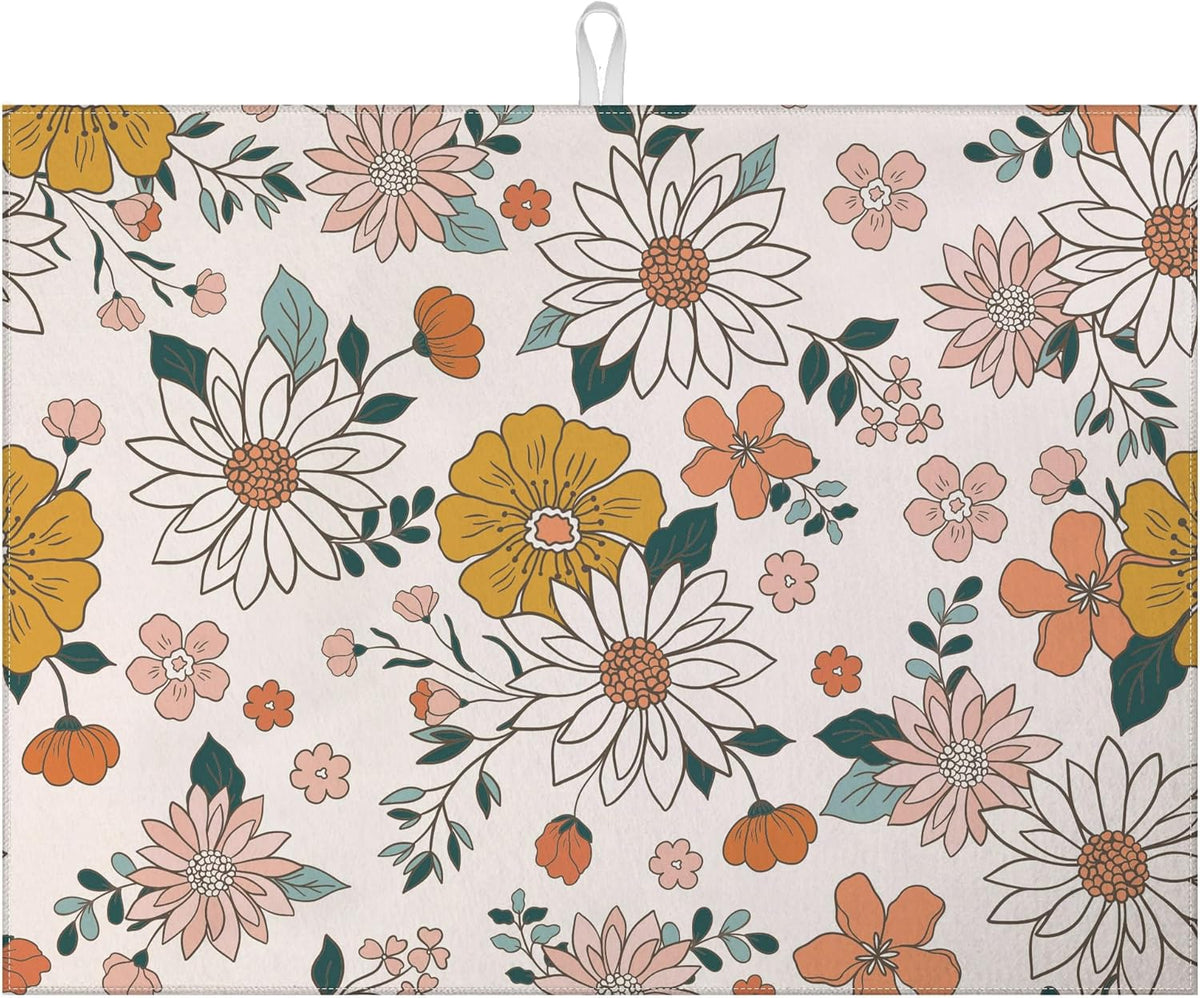 Boho Flower Dish Drying Mat for Kitchen Counter Microfiber Absorbent Dish Kitchen Drying Mat Draining Reusable Washable for Dishes/Utensils/Counterto