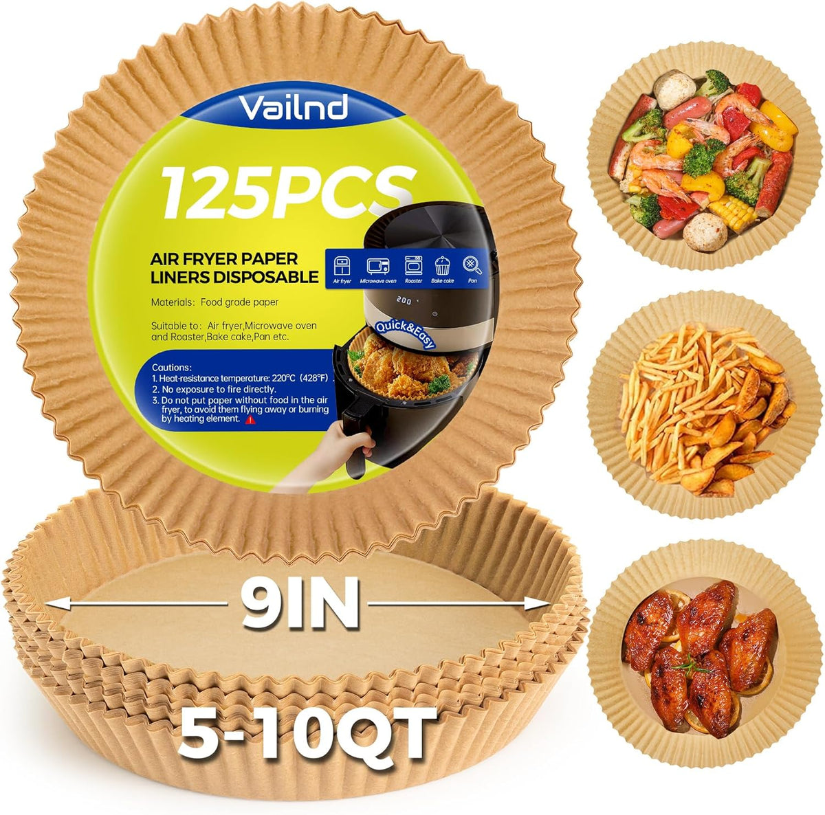 Vailnd 9inch Round Air Fryer Liners Disposable, 125PCS Non-Stick Parchment Paper Liners, Oil Resistant, Waterproof, Food Grade Baking Paper for 5-10 QT Air Fryer Microwave