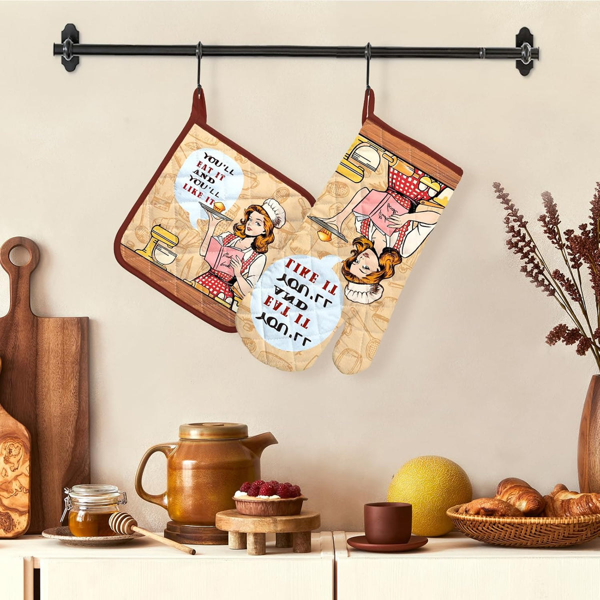 Retro Housewife Oven Mitts and Pot Holders Sets 2Pcs, 100% Cotton Heat Resistant, Extra Long Oven Gloves Potholder for Kitchen Cooking Baking Decoration