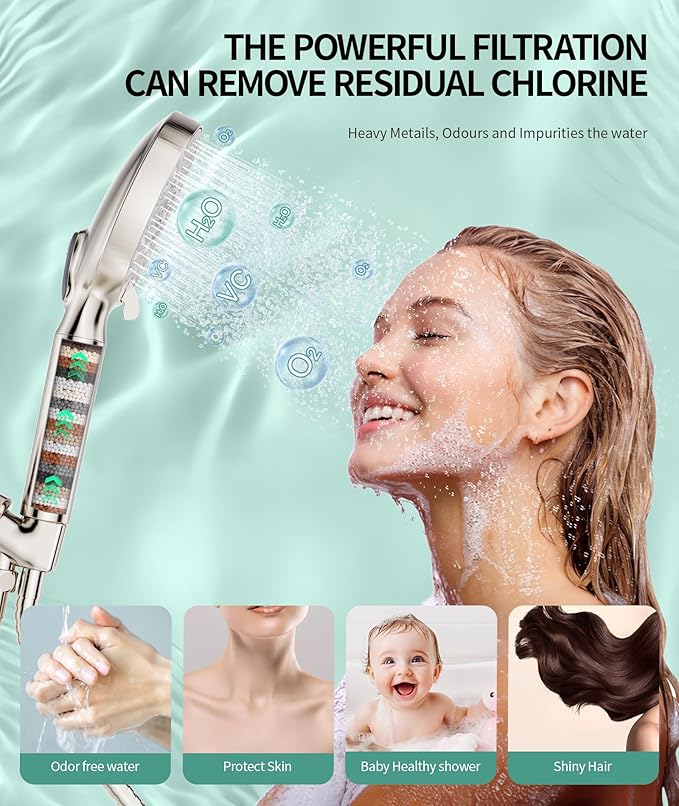 Filtered Shower Head with Handheld, High Pressure 9 Spray Mode Brushed Nickel Showerhead with 4 Filters, Detachable Shower Head, Water Softener Filters Beads for Hard Water - Remove Chlorine