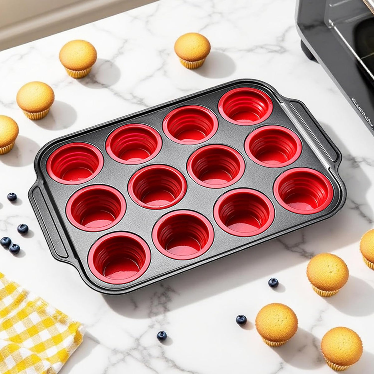 Silicone Muffin Pan, Silicone Cupcake Pan for Baking, 12 Cup Muffin Pans for Oven with Metal Frame, Non Stick Baking Cups with Press To Release Design, Cake Pop Mold, Egg Bites Mold, Red