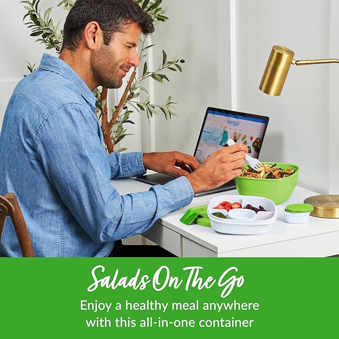 Bentgo Salad Container - 54 oz Bowl with 4-Compartment Toppings Tray, Leak-Proof Dressing Container, Reusable Fork, BPA-Free Lunch Box for Meal Prep & Food Storage; Removable Bento Tray (Green)