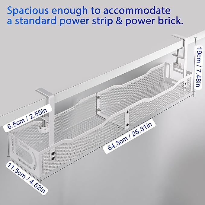 Under Desk Cable Management Tray 25.3 Inch – No Damage Install, Cord Organizer for Office & Home, Wire Organizer for Desk Storage, White