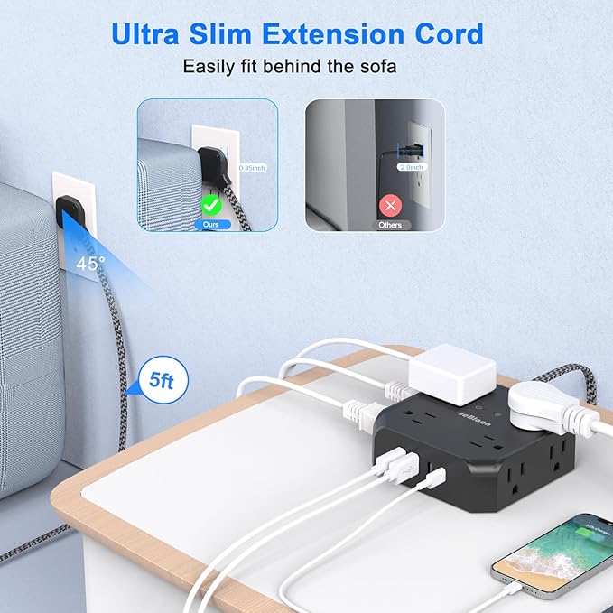 Power Strip Surge Protector - 8 Outlets with 4 USB (2 USB C) Charging Ports,JcBlaon Multi Ultra Thin Flat Plug Outlet Adapter with 5Ft Braided Extension Cord for Home, Office, Dorm,Travel Essentials
