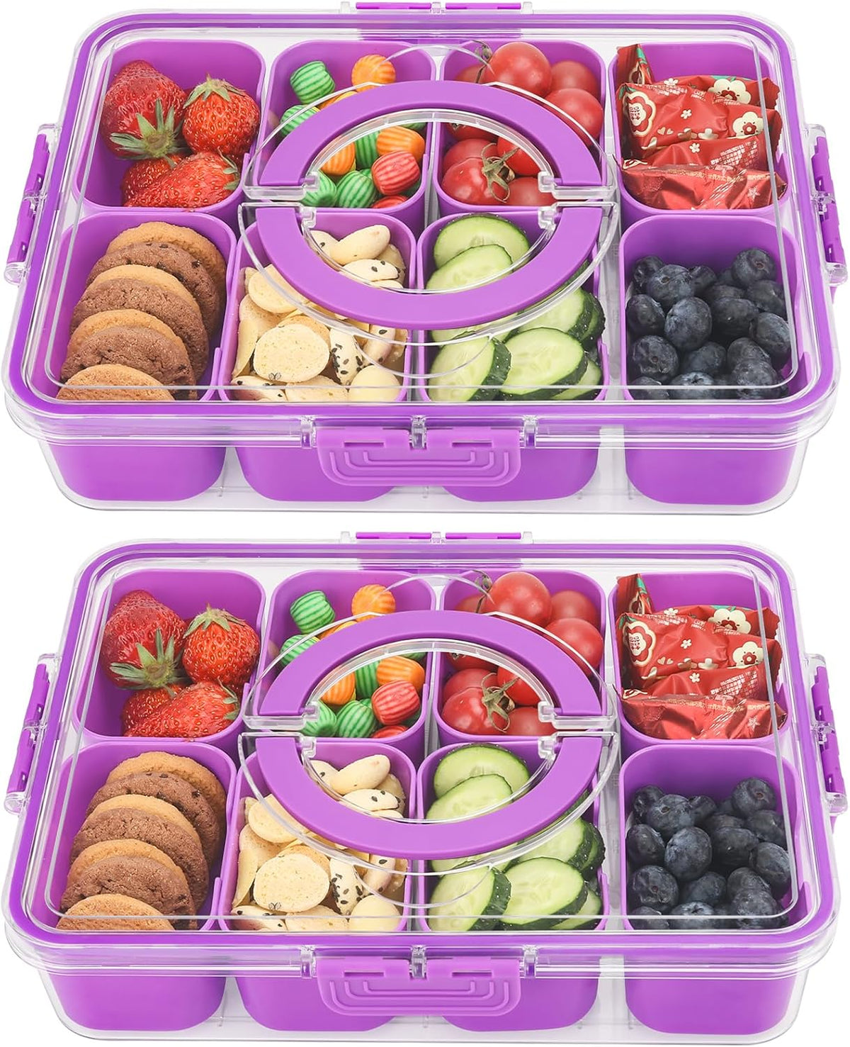 shopwithgreen 2Pcs Snackle Box Container, Divided Serving Tray with Lid and Handle, Snack Box Container Food Platter Charcuterie for Party, Veggies, Snack, Fruit, Nuts, Entertaining, Picnic,Purple