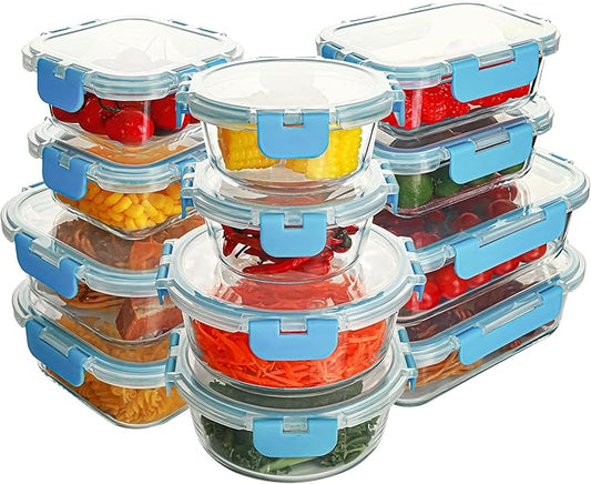 12 Pack Glass Food Storage Containers Set, Glass Meal Prep Containers with Lids, Airtight Lunch Containers, Dishwasher Safe, blue