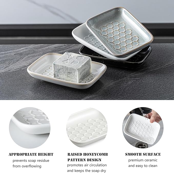 Gomakren Soap Dish for Shower, Bar Soap Holder, Ceramic Soap Dishes for Bar Soap, Sponge Holder Soap Saver Soap Tray for Bathroom Kitchen Sink, 5.5 Inch, White