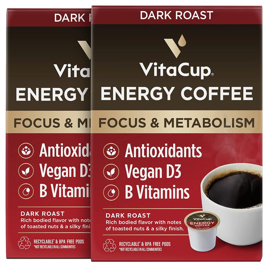 VitaCup Energy Dark Roast Coffee Pods, Boost Focus & Metabolism, Antioxidants, B Vitamins, Bold & Smooth,100% Arabica Coffee, Recyclable Single Serve Pod Compatible with Keurig K-Cup Brewers,32 Ct