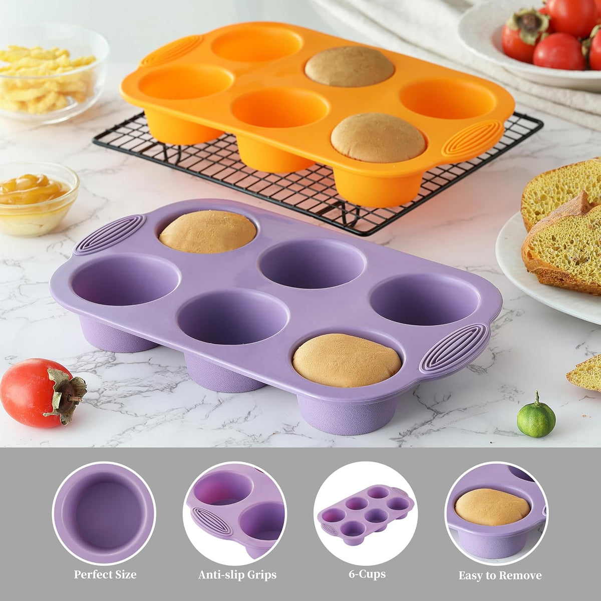 JJOO 2PCS Silicone Muffin Pan, 6-Cavity Nonstick Muffin Cupcake Pans Molds for Baking, Great for Cupcakes, Muffin, Brownies and More, BPA Free, Pack of 2 Colors (Orange and Purple)