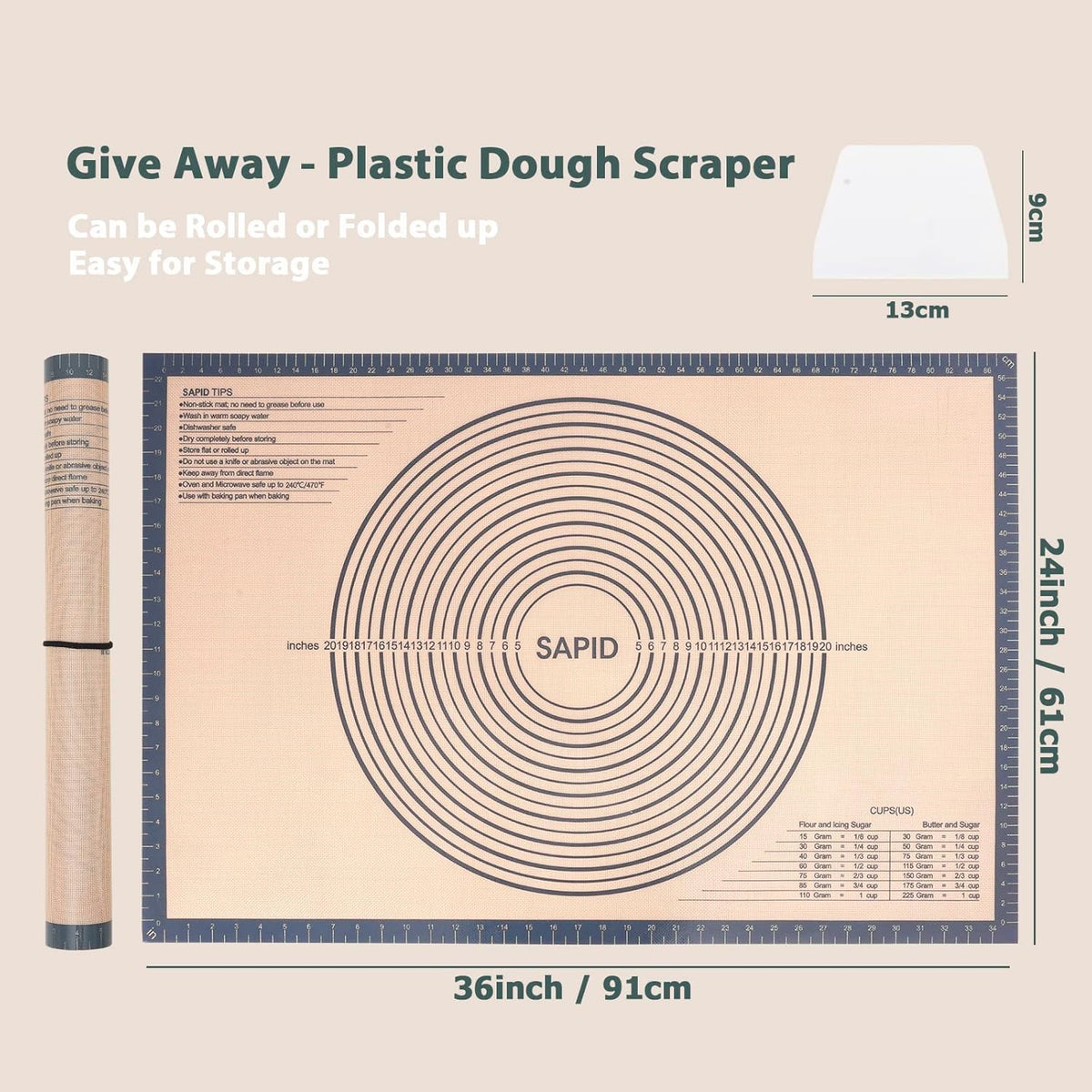 Sapid Extra Thick Silicone Pastry Mat Non-slip with Measurements for Non-stick Silicone Baking Mat Extra Large, Dough Rolling, Pie Crust, Kneading Mats, Countertop, Placement Mats (24" x 36", Gray)
