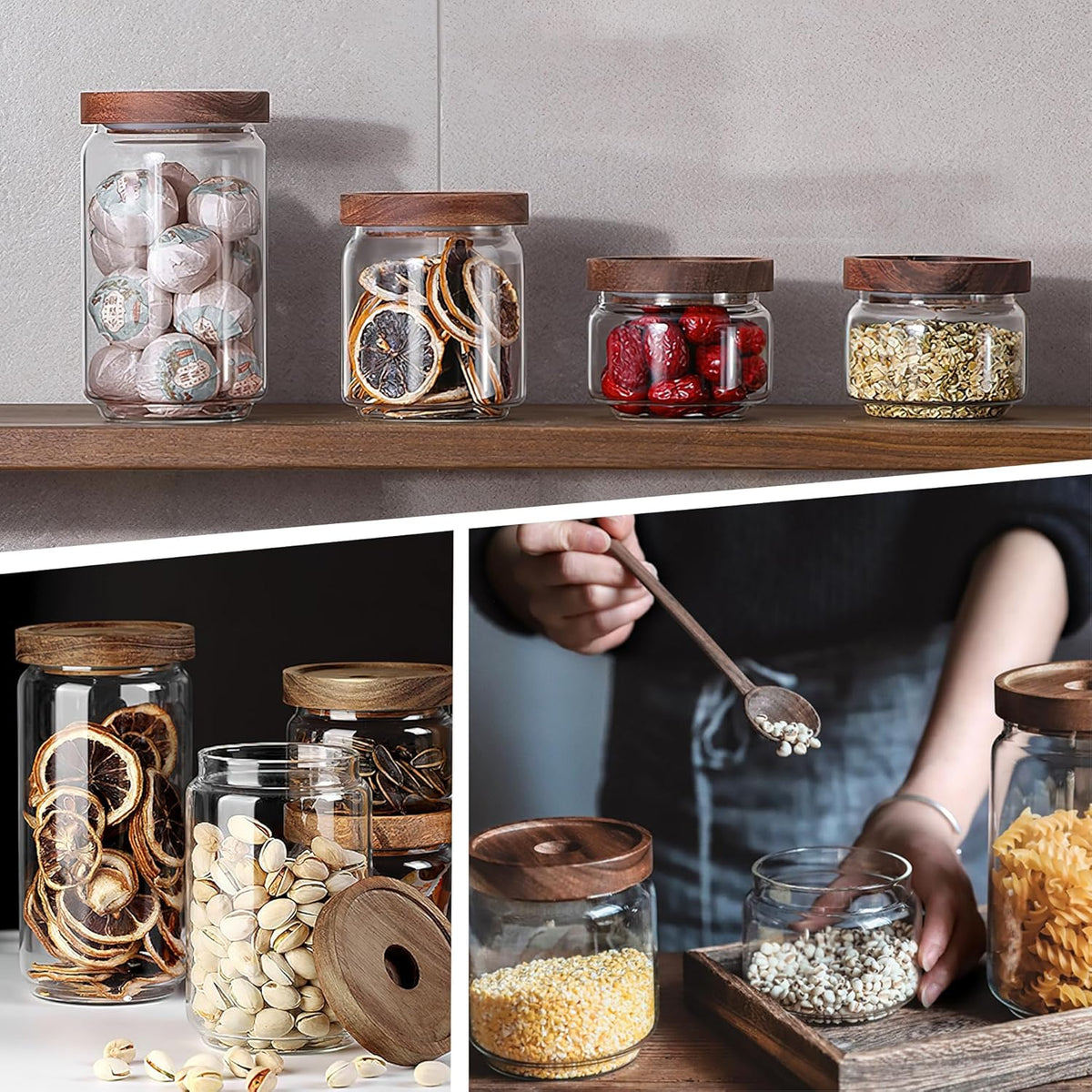 480ML/16Oz Clear Cute Glass Storage Canister Holder with Stackable Airtight Wood Lid, Modern Decorative Small Container Jar for Coffee, Spice, Candy, Salt, Cookie, Condiment, Pepper, Sugar