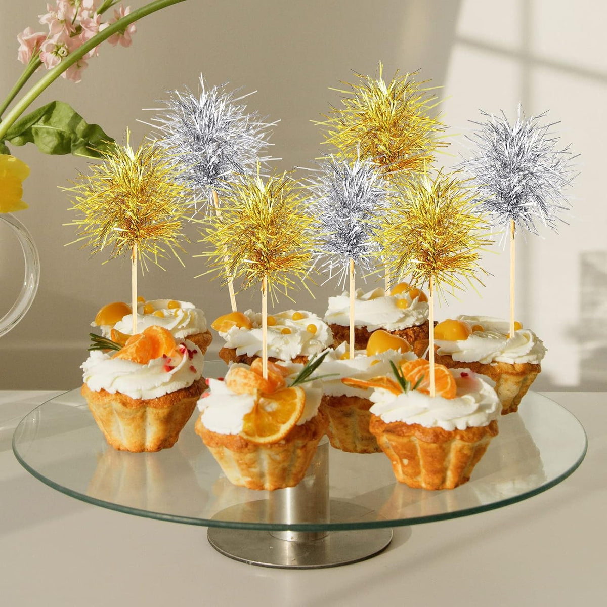 Chinco 100 Pcs Foil Firework Cupcake Toppers Sparkle Tinsel Cake Toppers Cake Decoration Cocktail Fruit Toothpick for Birthday Wedding Graduation Party(Gold, Silver)