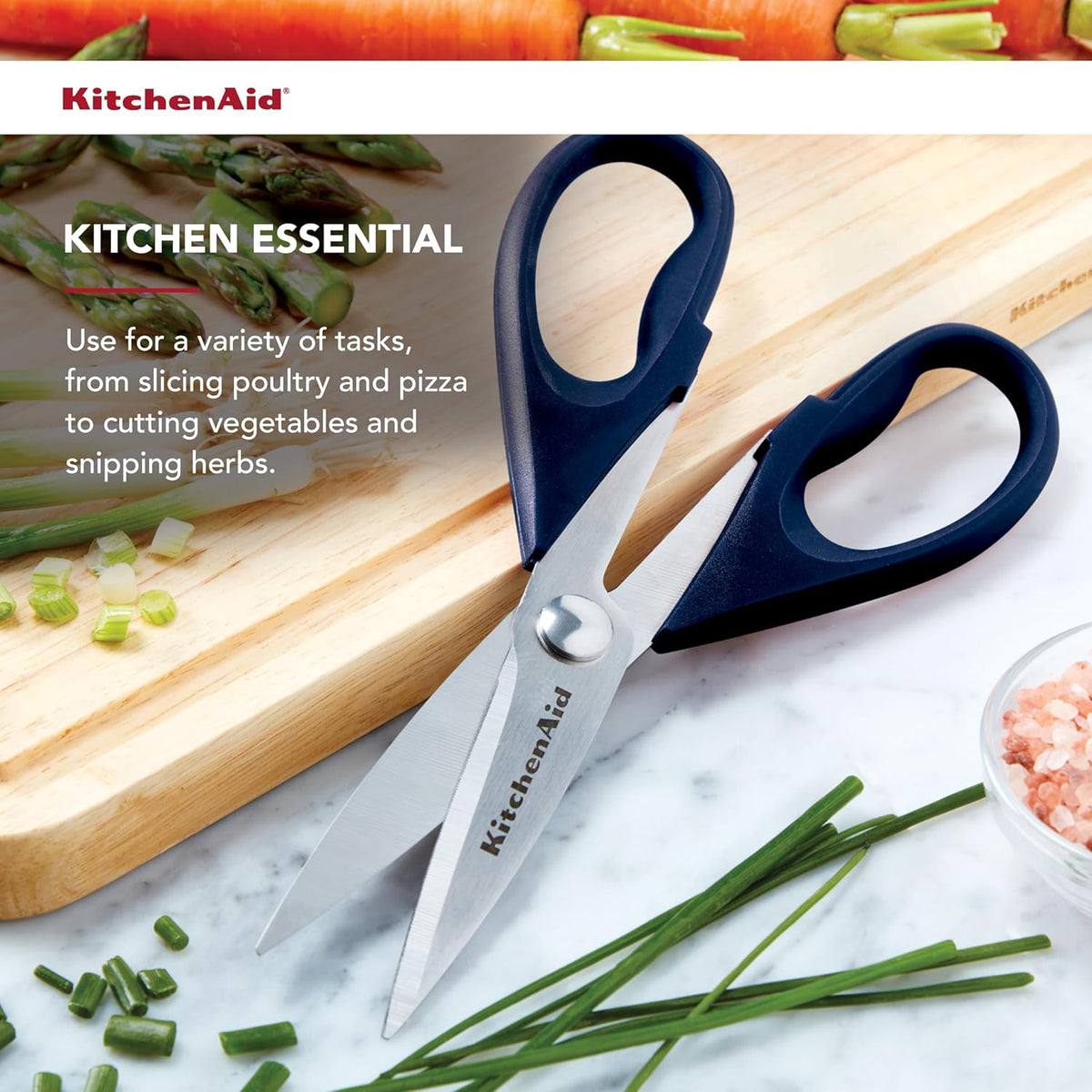 KitchenAid All Purpose Kitchen Shears with Protective Sheath Durable Stainless Steel Scissors, Dishwasher Safe, Soft Grip Comfort Handle, 8.72 Inch, Ink Blue