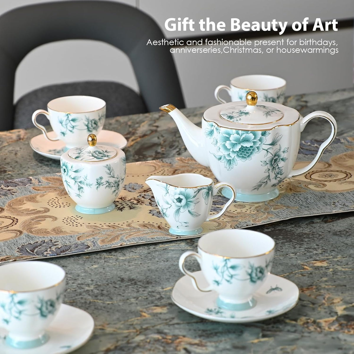 ACMLIFE Bone China Tea Cups and Saucers for 1, 6.8 oz Teacup Set for Adults, with Gold Trim and Gift Box, Blue and White Chinese English British Wedding Tea Set for One Coffee Cup Set (Blue-Leaf)