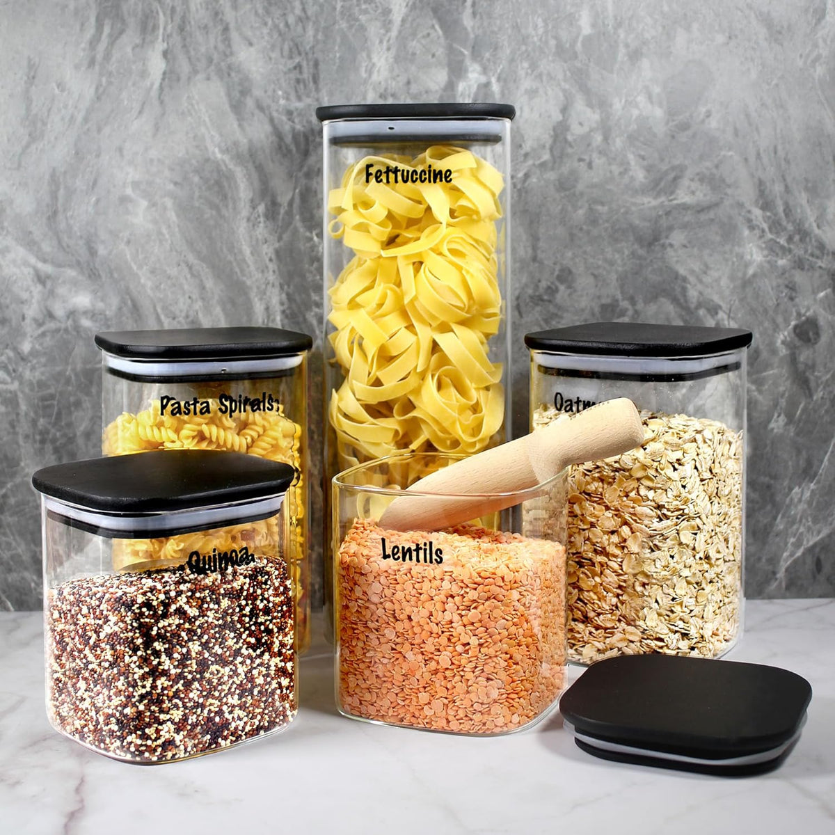 Urban Green Glass Jars with Black Bamboo Lids, food storage sets with airtight black lids, Glass Canisters Sets, Kitchen Organizing Jars (5 Sets of 27oz, 38oz, 66oz)