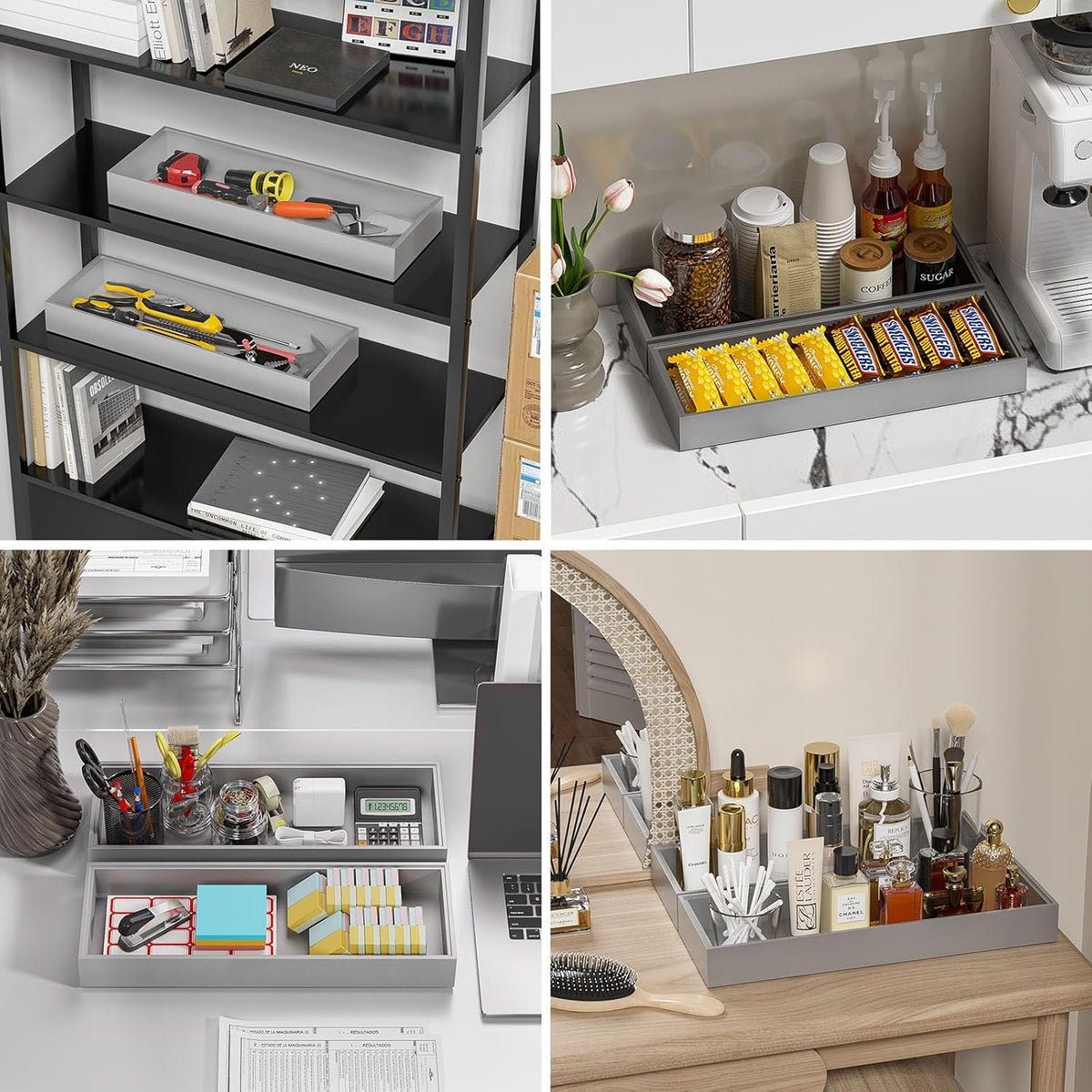 Bamboo Drawer Organizer, Extra Large Silverware Organizer for Kitchen Drawer, Stackable Utensil Organizer, 2 Pcs Toilet Tank Topper Tray, Wooden Toilet Paper Basket (Silver, 17 X 6 X 2 Inch)