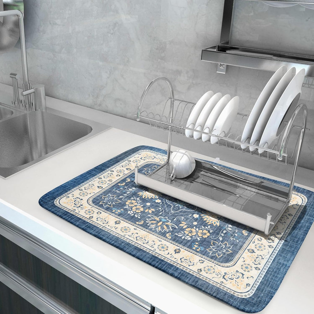 Blue Boho Dish Drying Mat for Kitchen Counter 18x24 Inch Fast Dry Drying Pad Vintage Floral Dish Drainer Rack Mats Coffee Bar Accessories