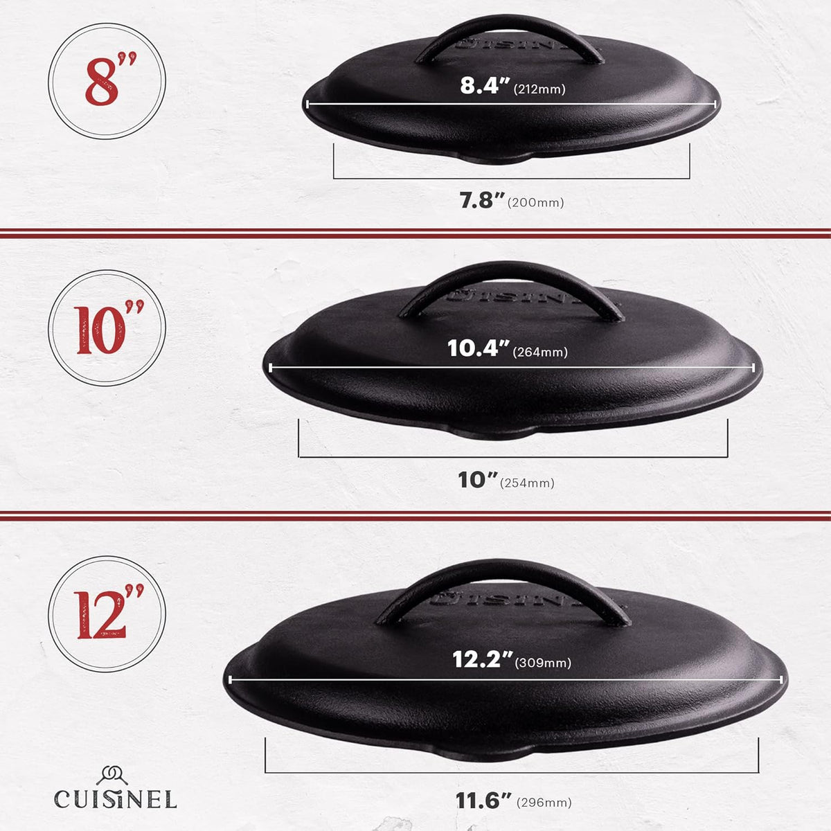 Cuisinel Cast Iron Skillets Set with Lids - 8"+10"+12"-inch Pre-Seasoned Covered Frying Pan Set + Silicone Handle and Lid Holders + Scraper/Cleaner - Use Cookware Indoor/Outdoor, Oven, Stovetop, Fire