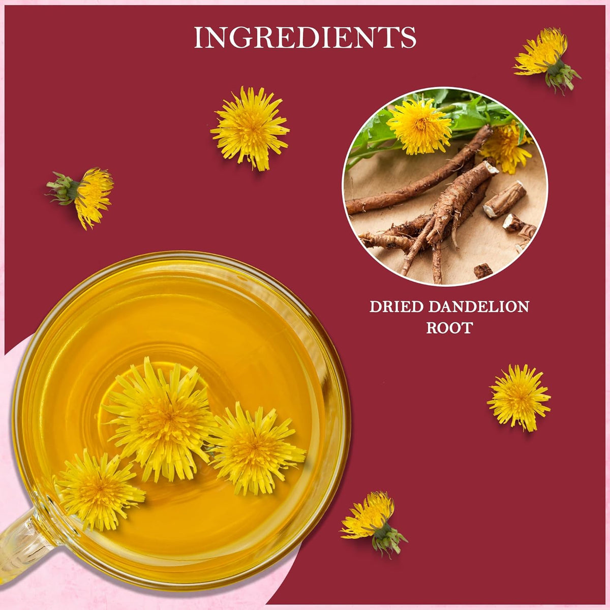 Tealeaf & Co. Dandelion Root Tea with Dried Dandelion Root Extract - Pure Herbal Tea Bags Blended with Fresh Herbs - Flavored Herbal Blend - Low Caffeine - Gluten Free - 50 Teabags