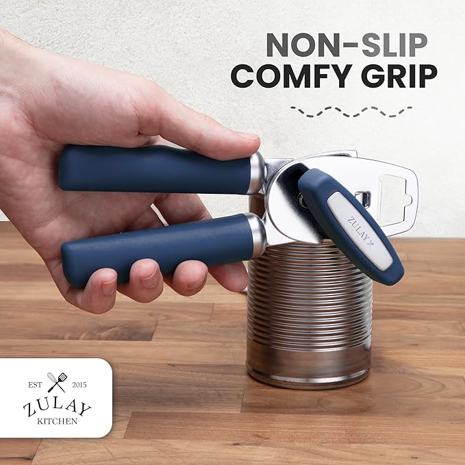 Zulay Kitchen Heavy Duty Stainless Steel Can Opener Manual with Bottle Opener - Rust Proof Manual Can Opener With Turn Knob & Comfy Soft Grip Handles - Blue