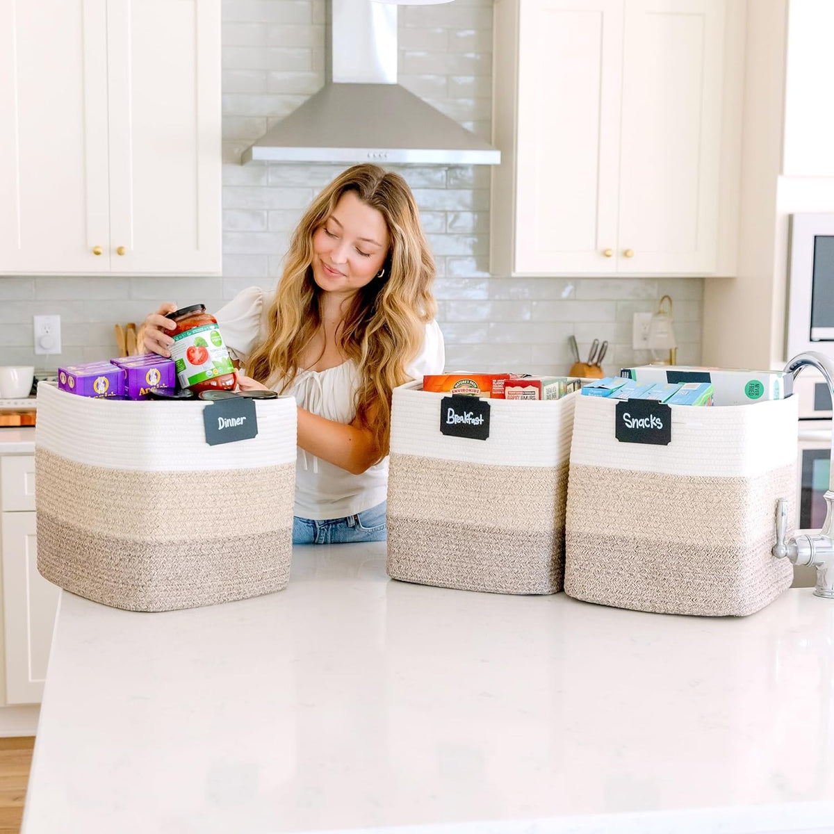 NaturalCozy 13x15x13 Kallax Storage Cubes Bins, 3 Pack | Cotton Rope Cube Storage Bin Woven Baskets for Organizing | Kallax Insert Storage Baskets for Shelves Organizer, Kids Toy, Closet Baby Nursery