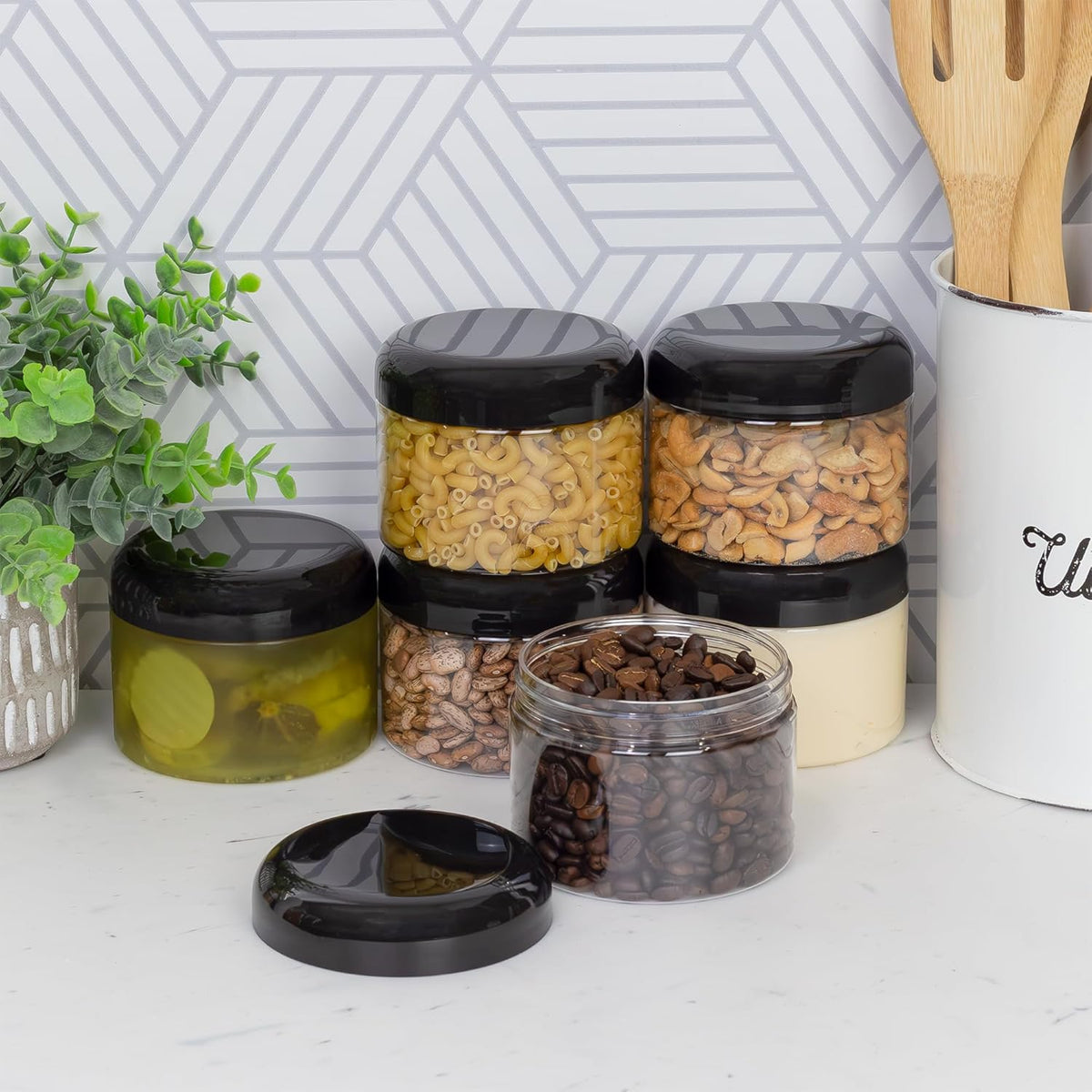 Cornucopia Brands 12 Ounce Clear Plastic Jars w/Black Plastic Lids (6-Pack); BPA Free PET Stackable Canisters for Bathroom & Kitchen Storage
