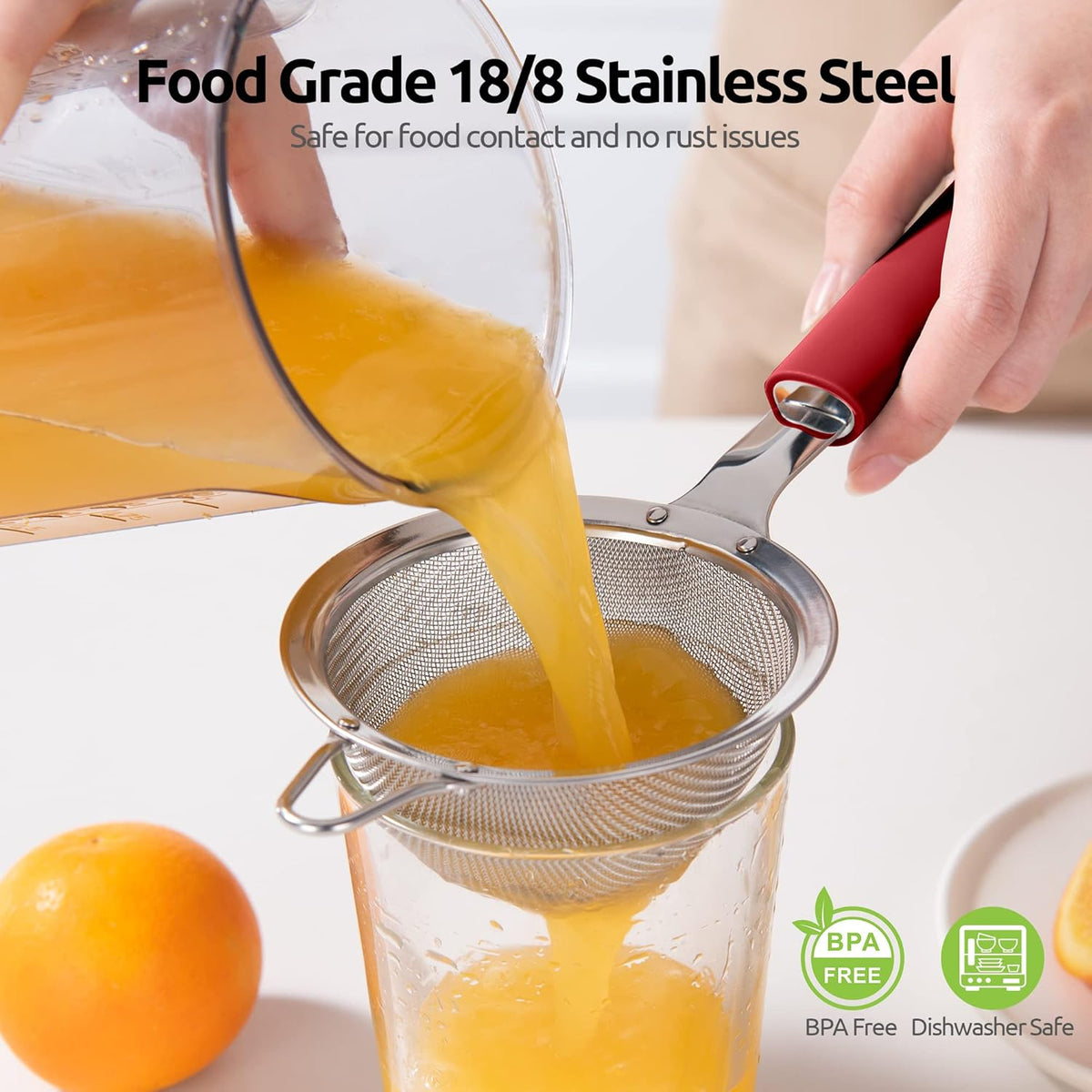 18/8 Stainless Steel Mesh Strainer: U-Taste 3.9 Inch Kitchen Fine Mesh Sieve Food Colander with Riveted Sturdy Silicone Handle and 30 Mesh Hole for Straining Flour, Quinoa, Tea, Juice (Red)