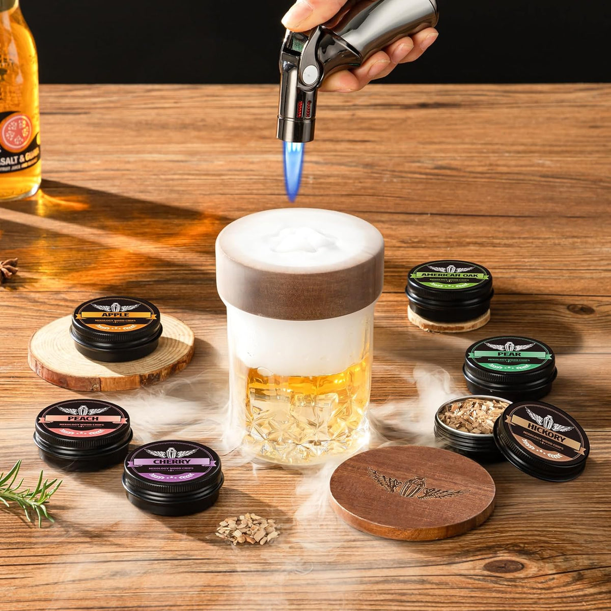 Whiskey Smoker Kit with Charred Wood Barrel (Patent Pending) – Cocktail Smoker with Torch & 6 Premium Wood Chips for Old Fashioned & Whiskey – Perfect Home Bar Gift for Men, Dad, Husband (No Butane)
