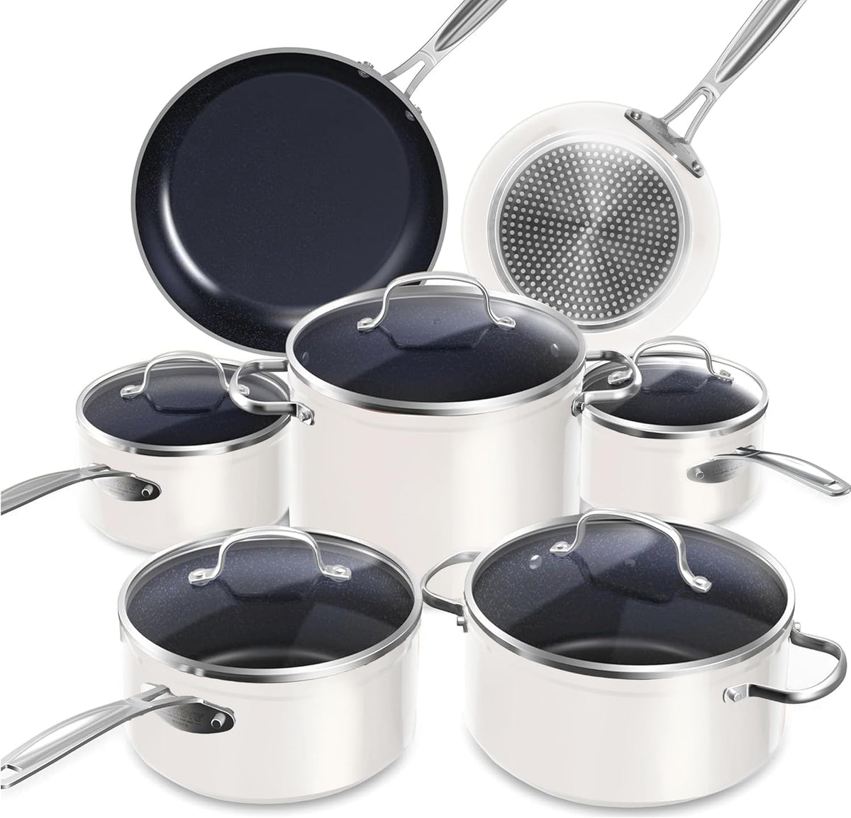 Nuwave Healthy Duralon Blue Ceramic Nonstick Cookware Set, Diamond Infused Scratch-Resistant, PFAS Free, Dishwasher & Oven Safe, Induction Ready & Evenly Heats, Tempered Glass Lids & Stay-Cool Handles