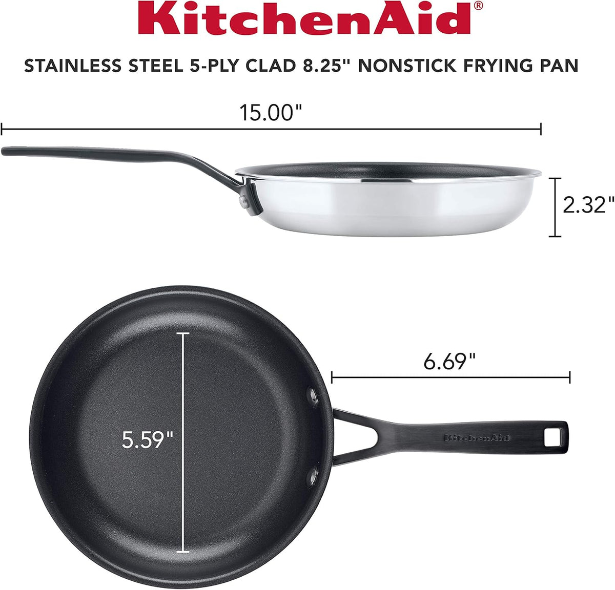 KitchenAid 5-Ply Clad Polished Stainless Steel Nonstick Fry Pan/Skillet, 8.25 Inch