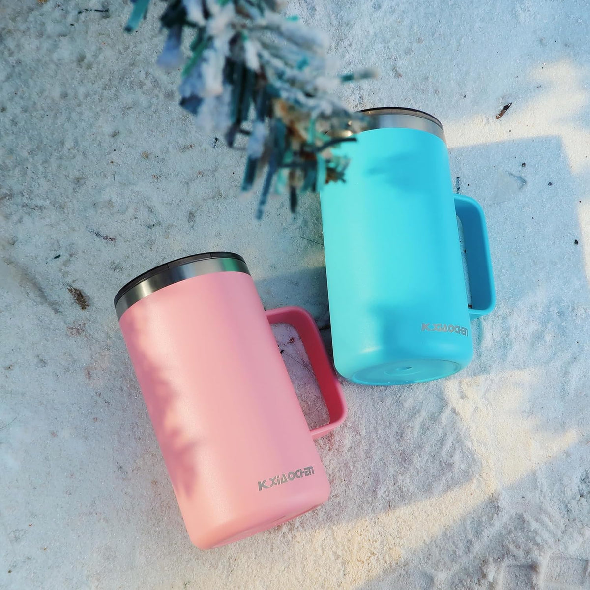 KXIAOCHEN 20oz Insulated Coffee Mug with Lid, Stainless Steel Coffee Cup, Double Wall Vacuum Coffee Tumbler with Handle, Premium Thermal Travel Coffee Mug (Blue Green Pink 2Pack)