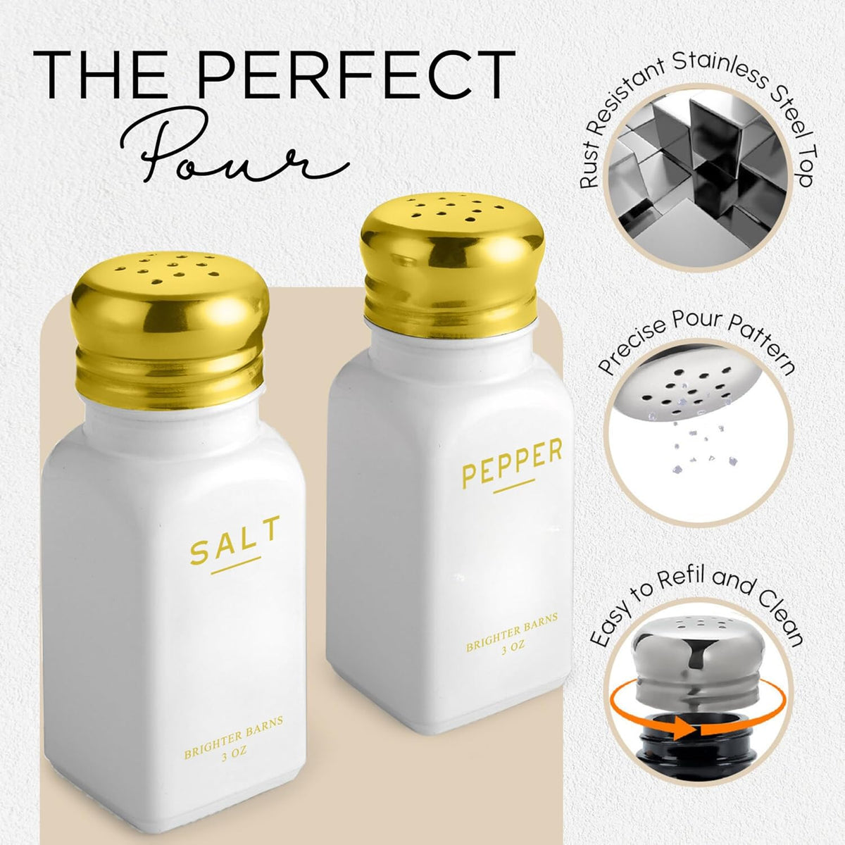 Gold Salt and Pepper Shakers Set by Brighter Barns - Modern Kitchen Decor, White and Gold Kitchen Decor & Accessories - Vintage Glass Shakers with Stainless Steel Lids for Home, Restaurant