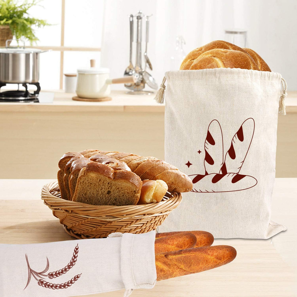 Augshy 4 Packs Linen Bread Bags for Homemade Bread, Unbleached, Reusable Bread Storage Bakery & Baguette