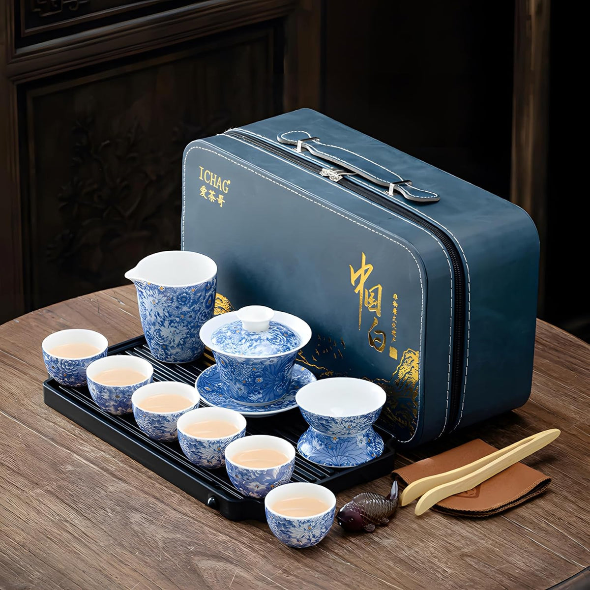 ICHAG Chinese Tea Set, Gongfu Tea Sets for Adults, Asian Gaiwan Teaset, 14-Piece Yangzhi Jade (羊脂玉茶具) with Suspended Gaiwan & Tea Pet, Portable Travel Teaset for Home, Outdoor, Office Gifts