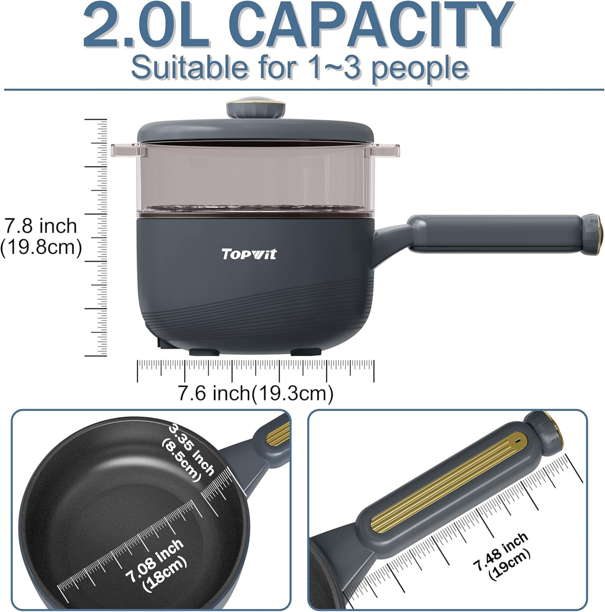 TOPWIT Hot Pot Electric with Steamer, 2L Multifunctional Electric Pot, Non-Stick Sauté Pan, Portable Pot for Steak, Fried Rice, Ramen, Soup with Dual Power Control (Silicone Spatula Included), Grey