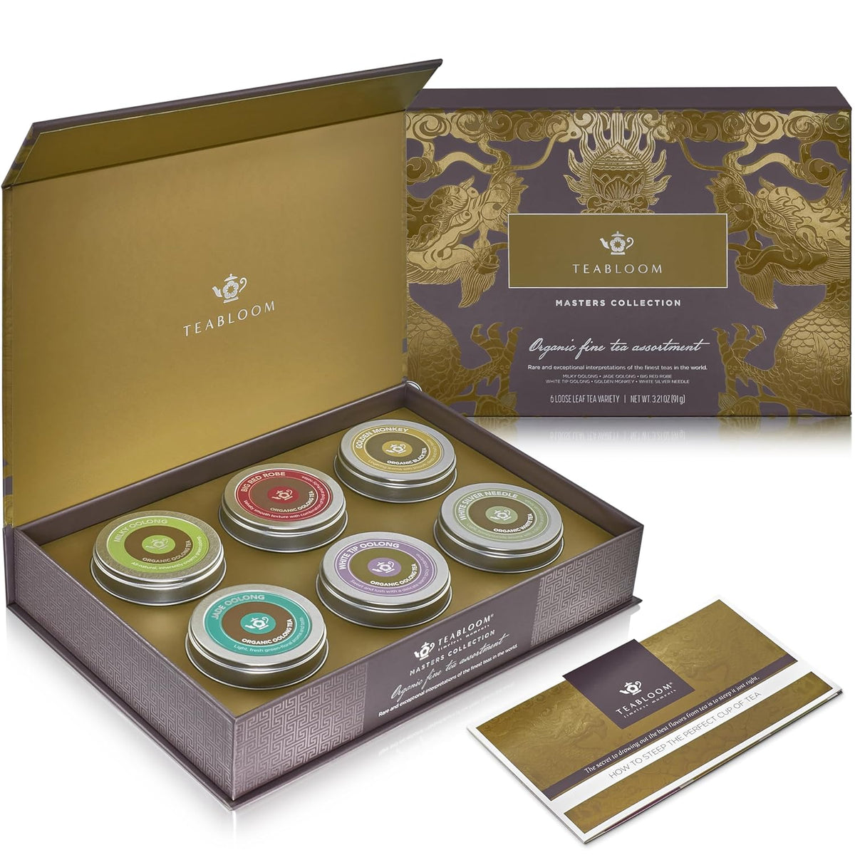 Teabloom Masters Collection - Six Rare Single-Origin Organic Loose Leaf Teas - Milky Oolong, White Silver Needle, Big Red Robe, Golden Monkey, Jade and White Tip Oolong