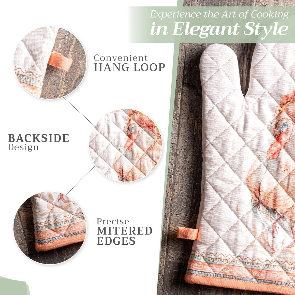 Maison d' Hermine 100% Cotton Oven Mitt & Pot Holder Set (7.5"x13" & 8"x8") Heat Resistant BBQ Cooking Gloves with Loop, Baking, Grilling, Kitchen, Handling Hot Pans (Giving Thanks)