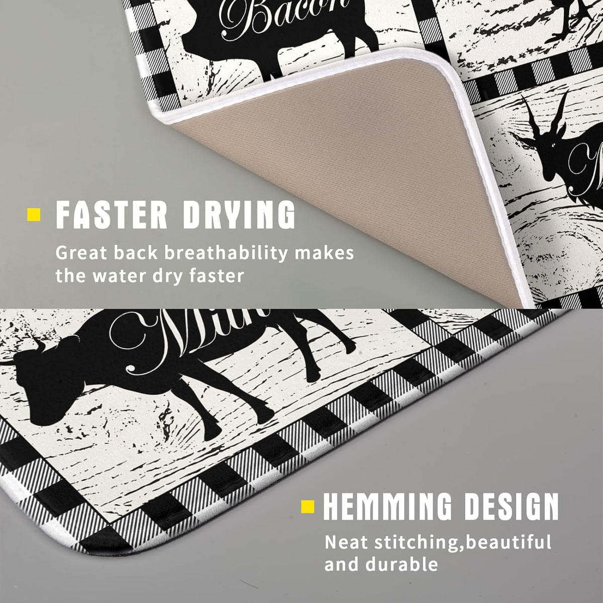 Farmhouse Animal Dish Drying Mat Buffalo Plaid Drainer Rack Mats Fast Dry Absorbent Kitchen Countertop Protector Dishes Pad 16x18 Inch