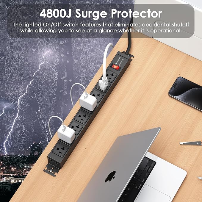 JUNNUJ 20 Amp Power Strip Heavy Duty 2 Pack, 4800J Surge Protector Metal Power Bar Multi Angle Mount, 20A Garage 8 Outlet Shop 6-20R T-Slot, 5-15P Adapter 12 Gauge Extension Cord 6ft for Appliance