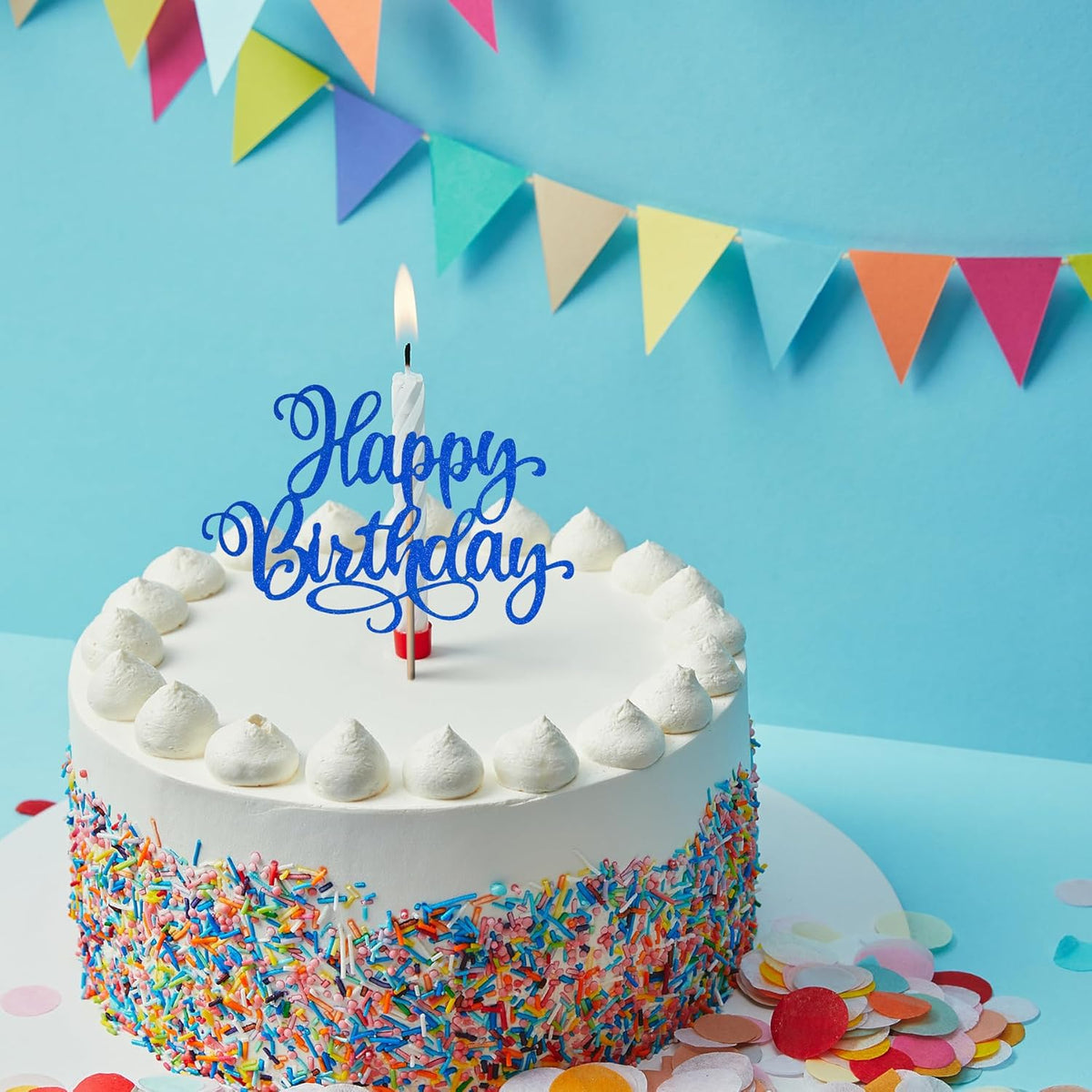 Happy Birthday Cake Toppers 9 Inch Glitter Happy Birthday Cake Pick for Birthday Anniversary Theme Party Cake Decorations Supplies - Dark Blue