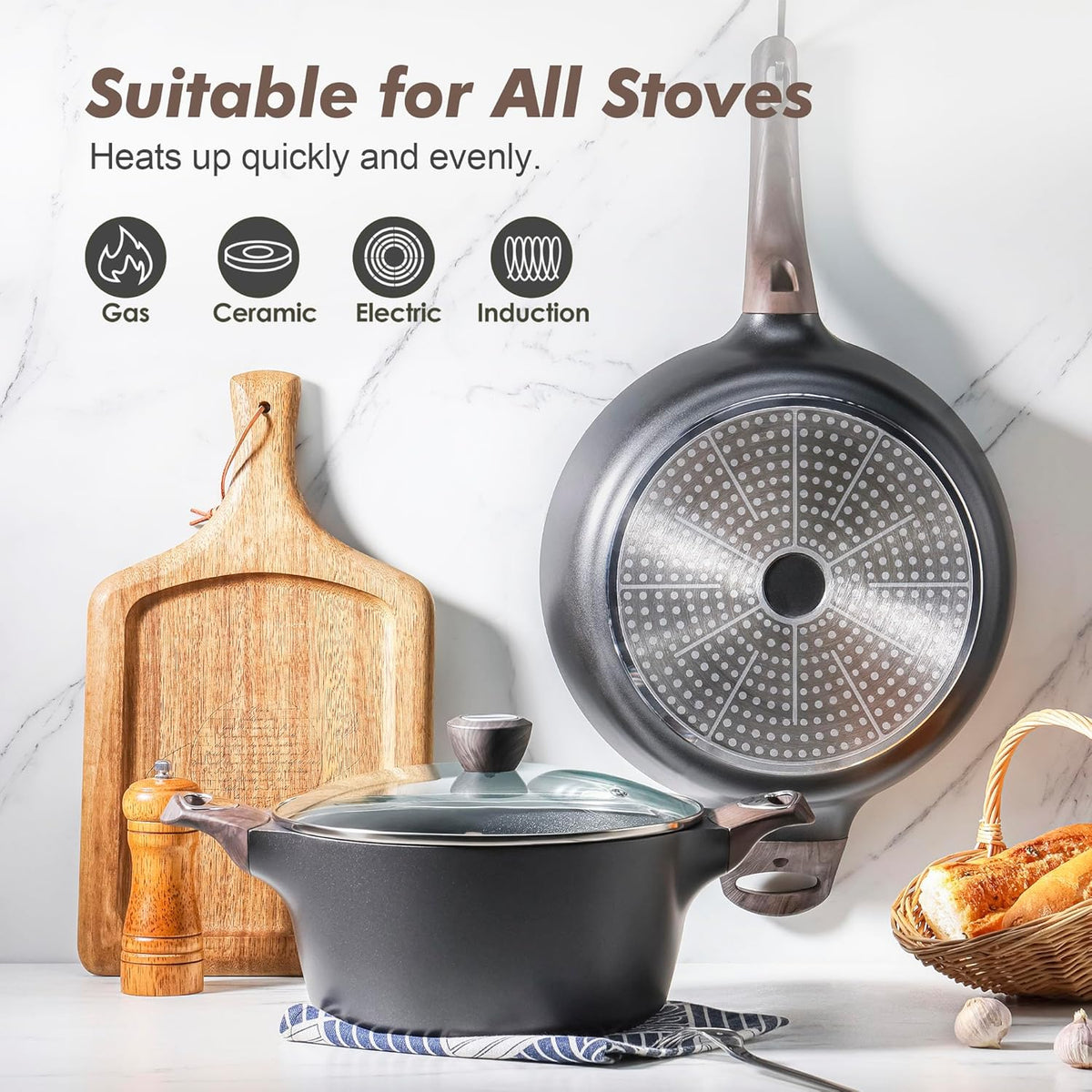 SENSARTE Pots and Pans Set Nonstick, 20 Pcs Induction Cookware Sets, Non-toxic Healthy Non Stick Kitchen Cooking Set with Stay-Cool Handles, PFOA PFOS Free, Black