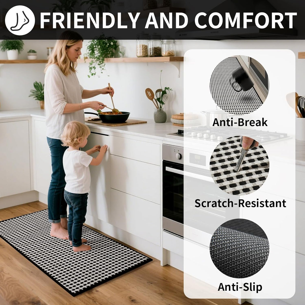 Kitchen Mats for Floor, Super Absorbent Kitchen Rugs Non Slip Washable, Rubber Backing Soft Chenille Braided Kitchen Runner Rug Standing Mat Sink Mat, Easy to Clean, Black 17"x28"