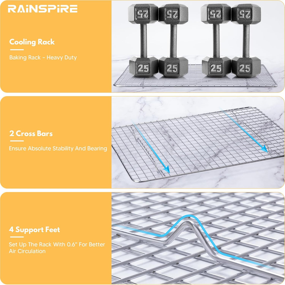 Rainspire Cooling Rack Stainless Steel, Heavy Duty Cooling Racks for Cooking and Baking, Oven Safe Wire Rack for Cooking, Baking Rack for Oven Cooking Fits Quarter Sheet Pan, 8.5" x 12", 1-Pack