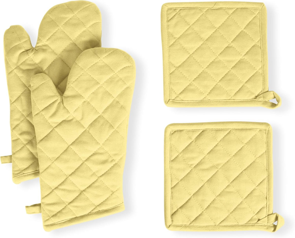 Native Fab 4 Piece Set - 2 Oven Mitts & 2 Potholders, Heat Resistant, 100% Cotton, Quilted Design, Non-Slip Grip, Machine Washable, Ideal for Baking, Cooking, BBQ, Kitchen Protection - Pale Yellow