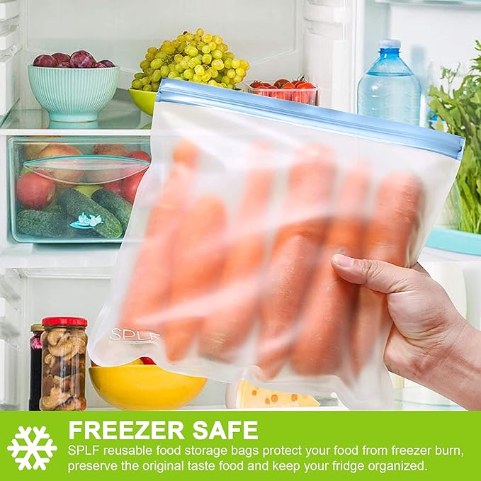 SPLF 12 Pack Dishwasher Safe Reusable Bags, Leakproof Reusable Freezer Bags, BPA Free Food Storage Bags for Lunch, Meal Prep, Marinate, Veggies, Travel - 2 Gallon 5 Sandwich 5 Snack