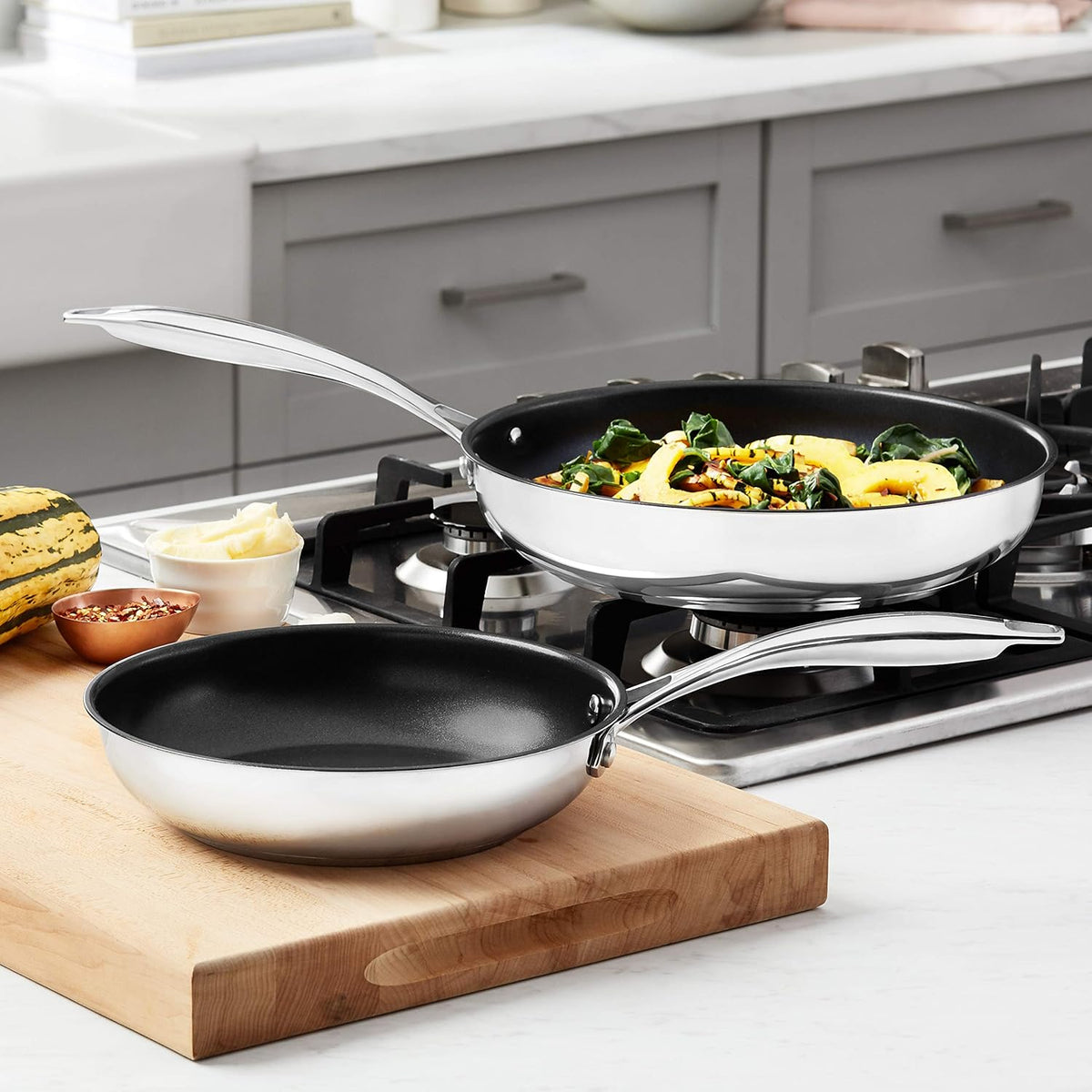 Amazon Basics 2-Piece Non-Stick Stainless Steel Fry Pan Set, Oven and Induction Safe, 10-Inch and 8-Inch