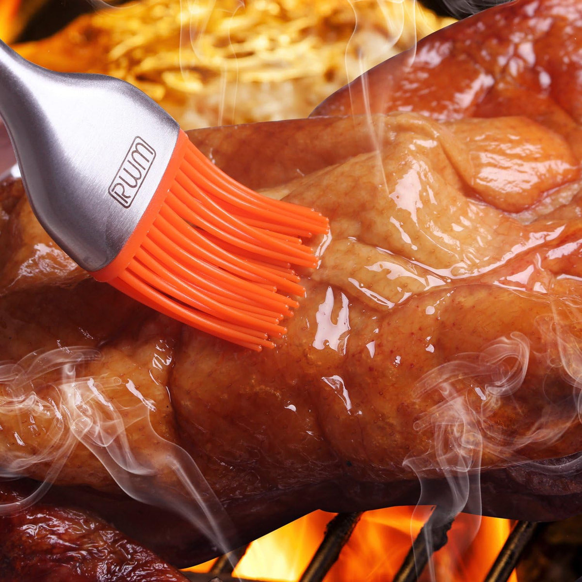 Basting Brush - Grilling BBQ Baking, Pastry and Oil Stainless Steel Brushes with Back up Silicone Brush Heads(Orange) for Kitchen Cooking & Marinating, Dishwasher